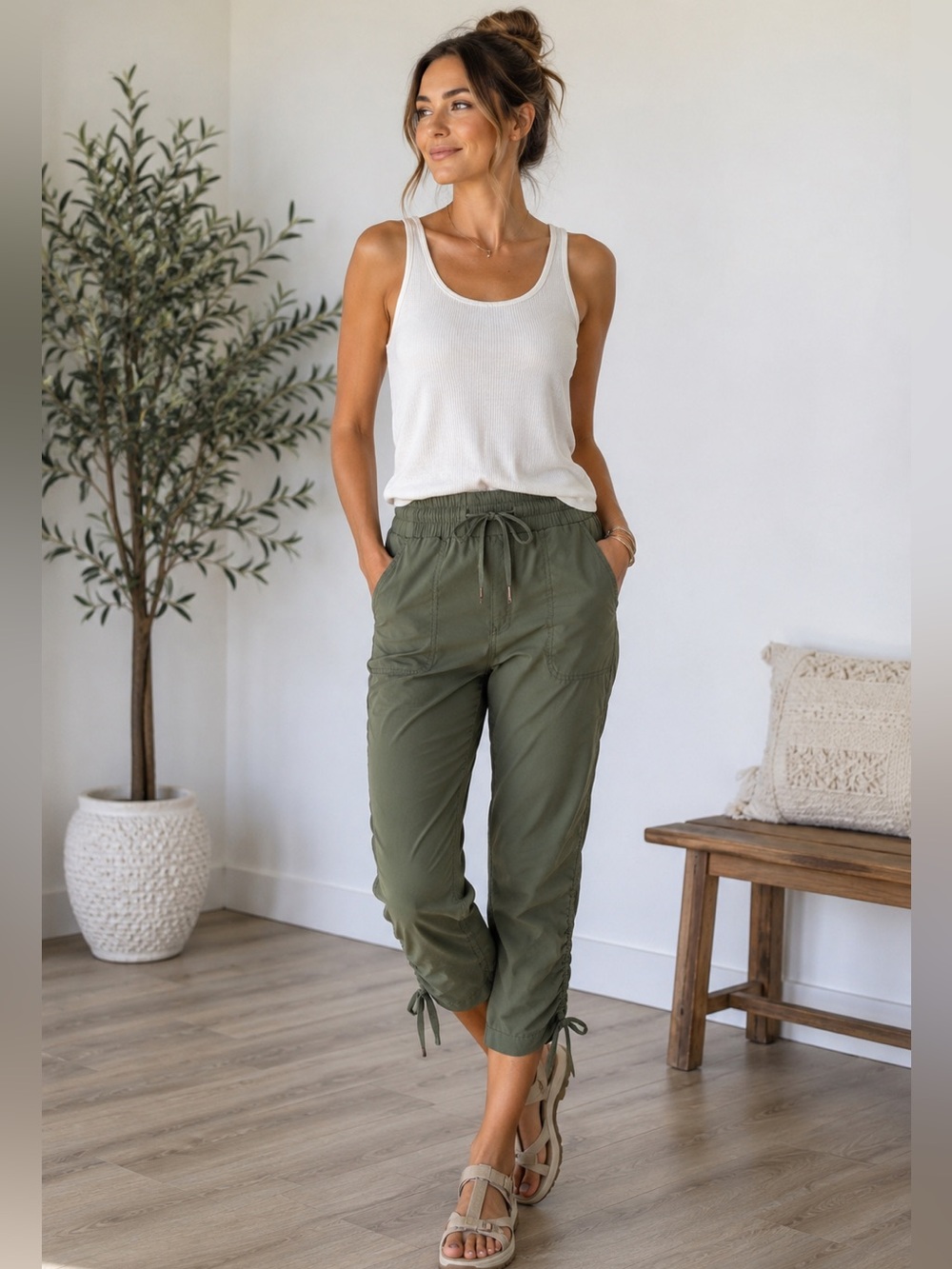 PrAna Olive Green Ruched Tie Hem Crop Pants | Stretch Travel Hiking Joggers M